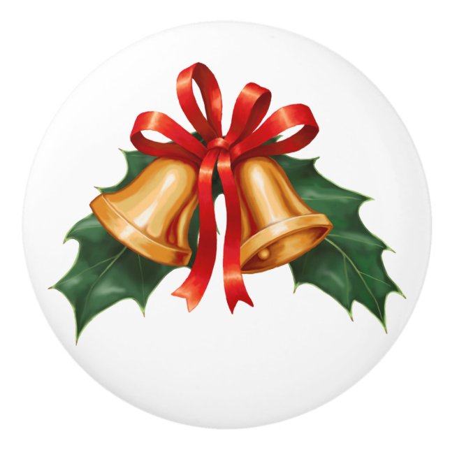 Christmas Bells and Holly Leaves Ceramic Knob (Front)