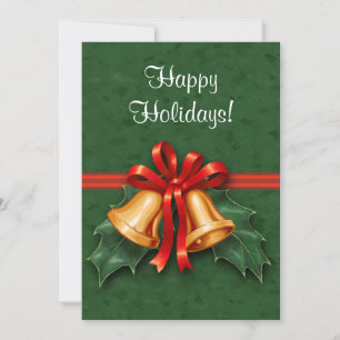 Christmas Bells and Holly Leaves Green Invitation