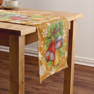 Christmas Bells and Snowflakes Gold Table Runner