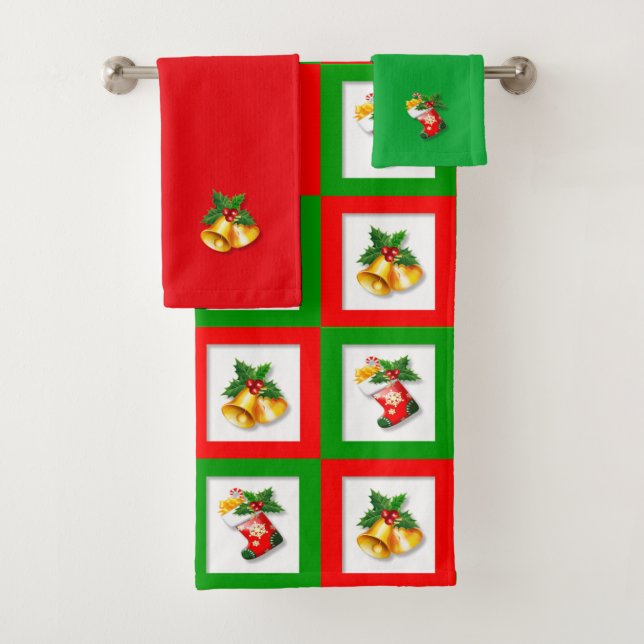 Christmas bells and stocking on green, red & white bath towel set (Insitu)