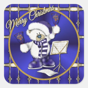 Christmas Bells Bear Blue and Gold Stickers