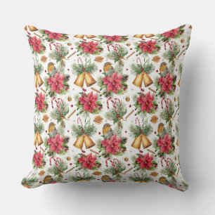 Christmas Bells, Birds & Poinsettias Cushion