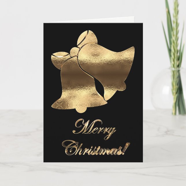 Christmas Bells Black Gold Elegant Merry Christmas Holiday Card (Front)