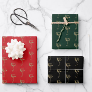 Christmas bells gold red dark green black cute wrapping paper sheet
