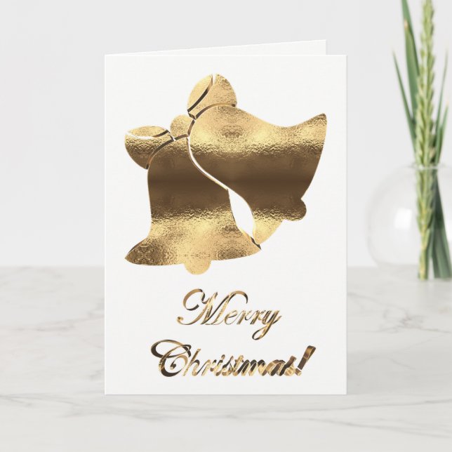 Christmas Bells Gold White Elegant Merry Christmas Holiday Card (Front)