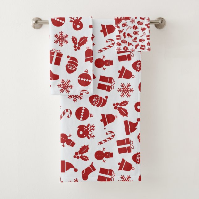 Christmas Bells Grey Red Minimal Pattern Bath Towel Set (Insitu)