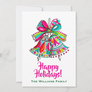 Christmas Bells Happy Holidays Cute Pink Boho Holiday Card
