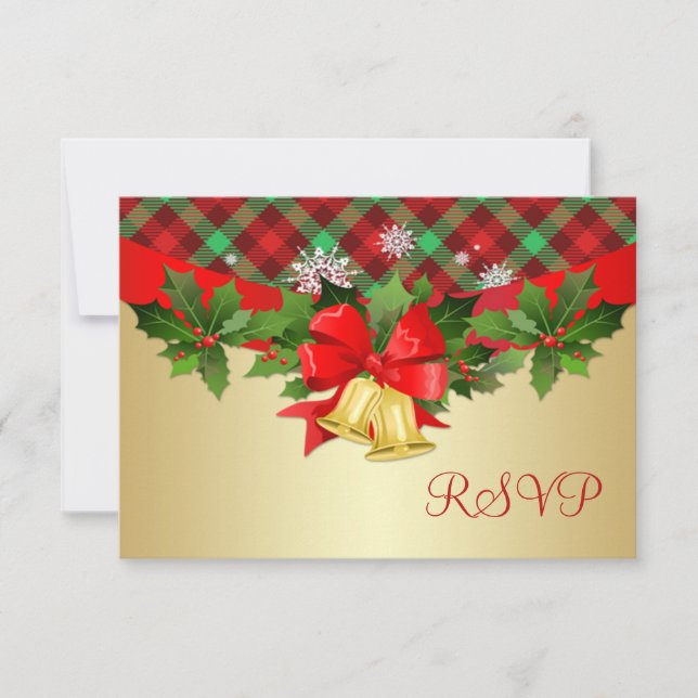Christmas bells, holly and tartan pattern RSVP (Front)