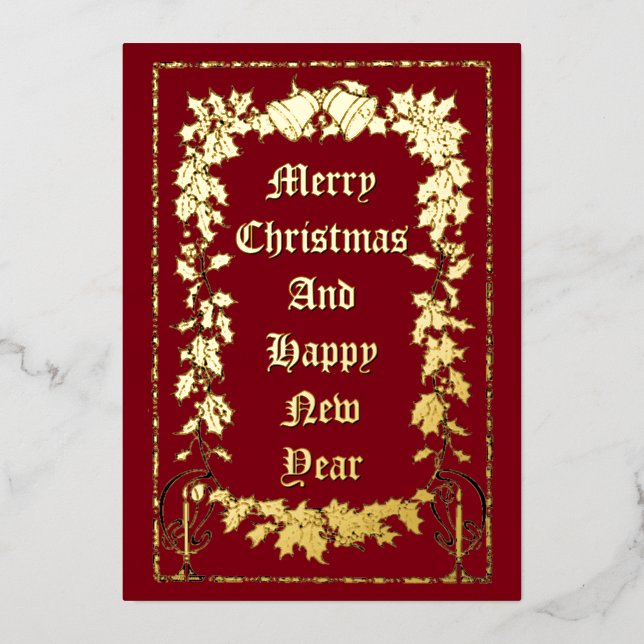 Christmas Bells & Holly Border Foil Holiday Card (Front)