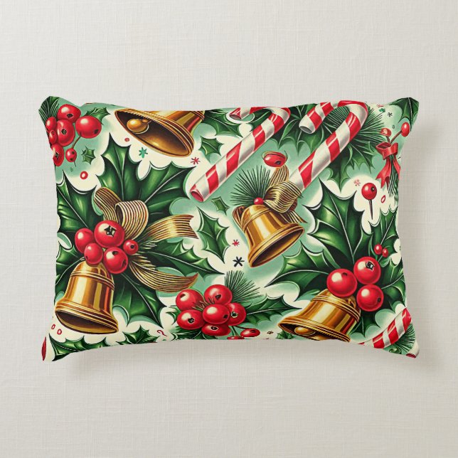 Christmas Bells holly candy canes art pattern Decorative Cushion (Front)