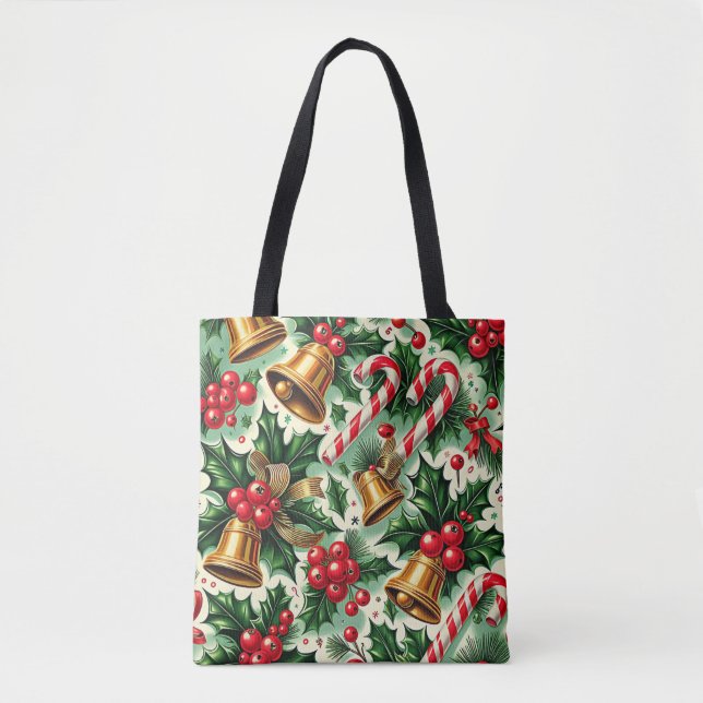 Christmas Bells holly candy canes art pattern Tote Bag (Front)