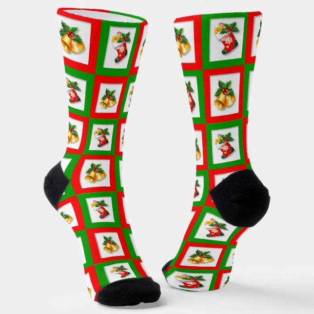 Christmas Bells in Green and Red Squares Crew Socks (Angled)