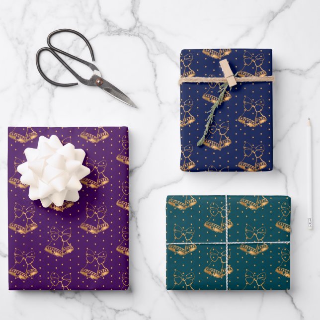 Christmas Bells on Purple, Navy and Teal Wrapping Paper Sheet (Front)