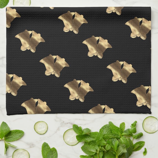 Christmas Bells Pattern Black and Gold Look Tea Towel (Folded)