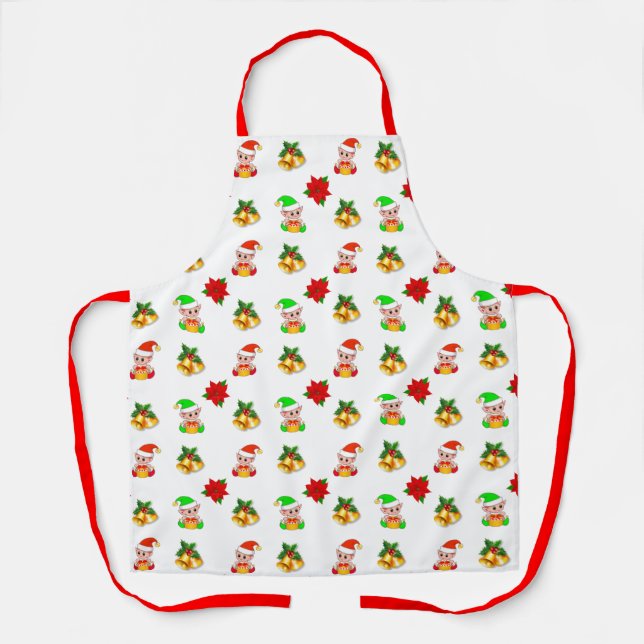 Christmas bells, poinsettia and cute elf ornament apron (Front)