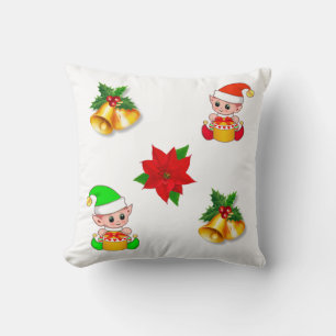 Christmas bells, poinsettia and cute elf ornament cushion