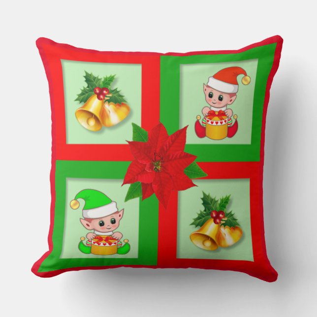 Christmas bells, poinsettia, elf on green & red cushion (Front)