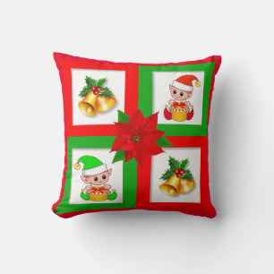 Christmas bells, poinsettia, elf on green & red cushion