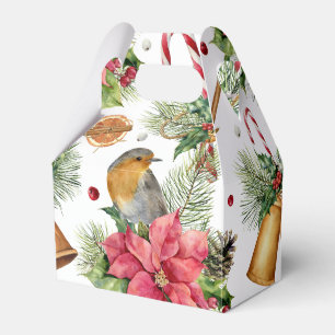 Christmas bells, poinsettia, robin, candy canes favour box
