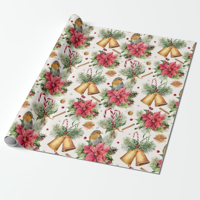 Christmas bells, poinsettia, robin, candy canes wrapping paper (Unrolled)