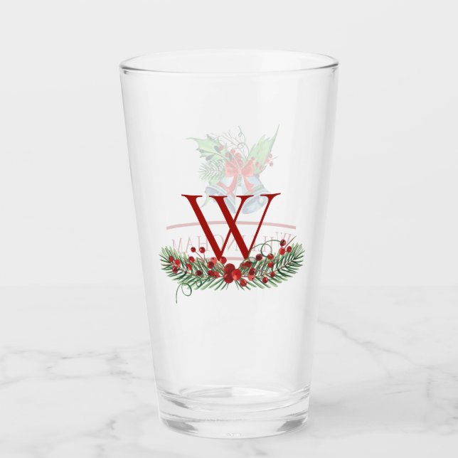 Christmas Bells Red Berries Evergreen Name Initial Glass (Front)