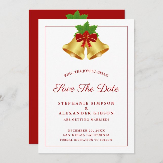 Christmas Bells Red Berries Holiday Wedding Save The Date (Front/Back)