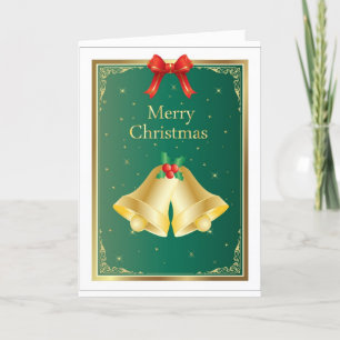 Christmas Bells Red Bow Stars and Holly Holiday Card
