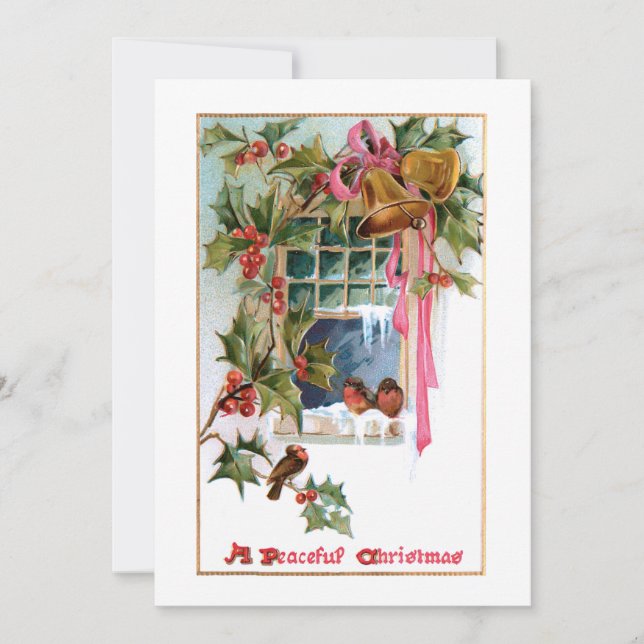 Christmas Bells, Ribbon, Holly & Birds at Window Holiday Card (Front)