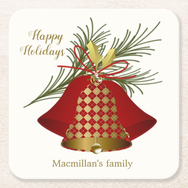 Christmas bells.tartan pattern, pine square paper coaster (Front)
