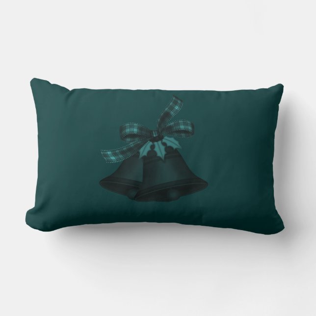"Christmas Bells" Teal Green/Plaid Lumbar Cushion (Front)