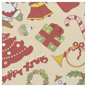 Christmas bells,tree and santa claus fabric