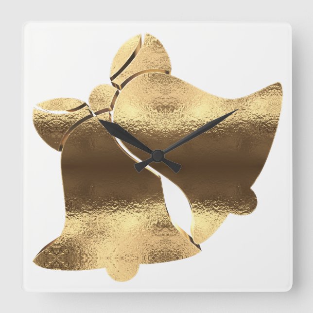 Christmas Bells White Gold Look Festive Elegant Square Wall Clock (Front)