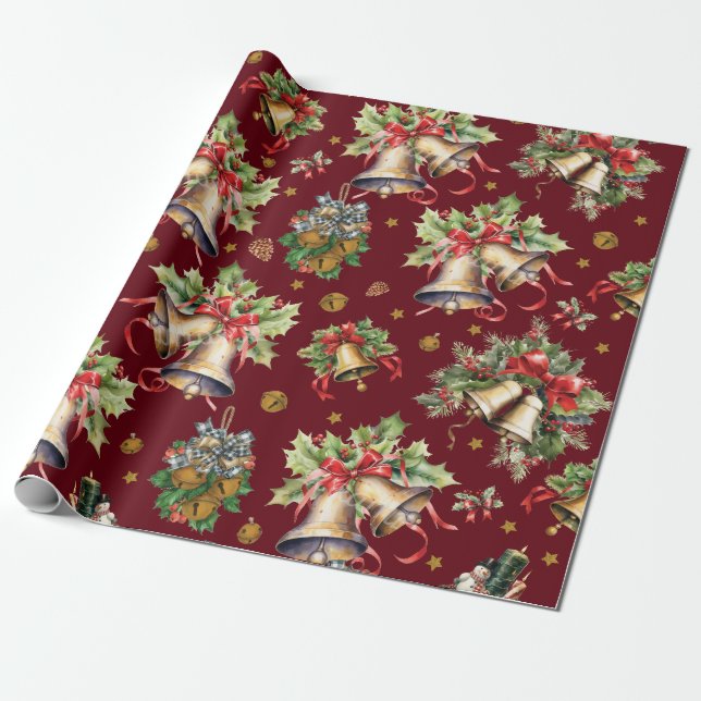 Christmas Bells With Holly Wrapping Paper (Unrolled)