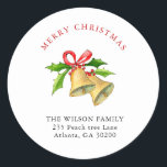 Christmas Bells with Red Bow Address Classic Round Sticker<br><div class="desc">Elegant & classic return address holiday stickers featuring Hand- painted Watercolor bells with red bow and berries.</div>