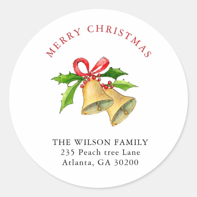 Christmas Bells with Red Bow Address Classic Round Sticker (Front)