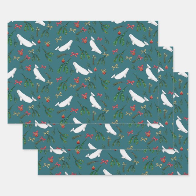 Christmas Beluga Whale Illustration Pattern Wrapping Paper Sheet (Set)