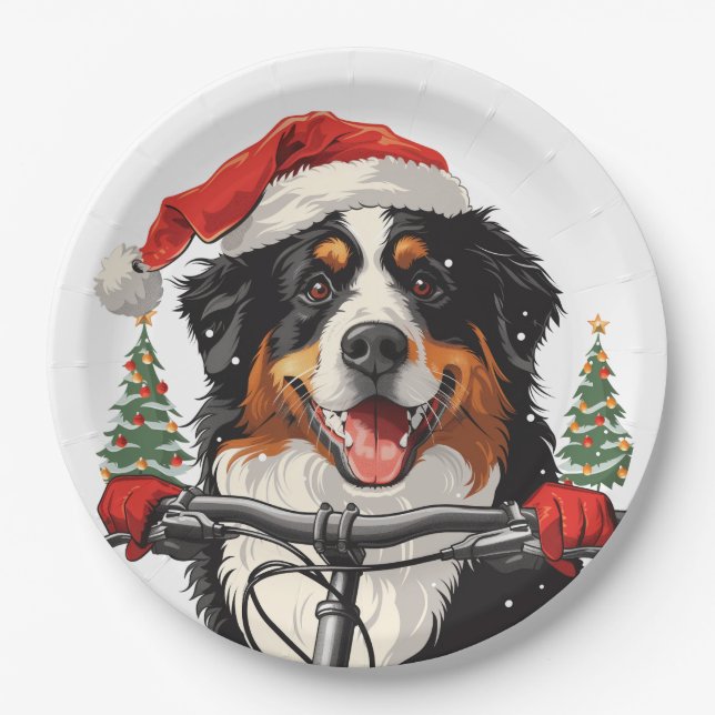 Christmas Bernese Mountain Dog Biking Paper Plate (Front)