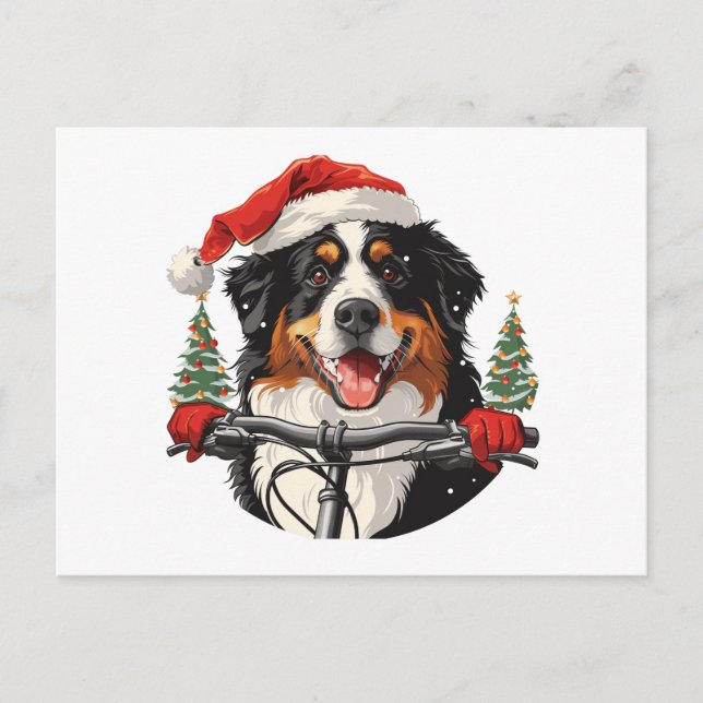 Christmas Bernese Mountain Dog Biking Postcard (Front)