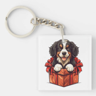 Christmas Bernese Mountain Dog Gift Box Key Ring