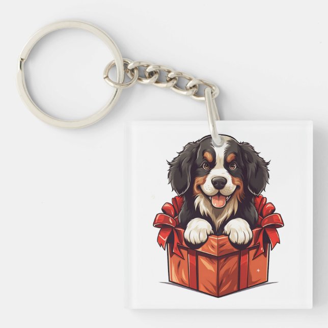 Christmas Bernese Mountain Dog Gift Box Key Ring (Front)