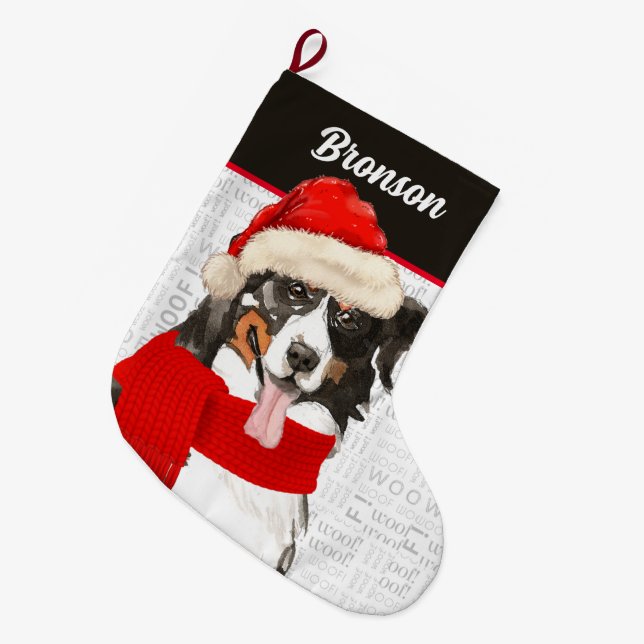 Christmas Bernese Mountain Dog with Dog's Name Large Christmas Stocking (Front (Hanging))
