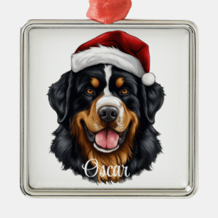 CHRISTMAS BERNESE MOUNTAIN DOG WITH SANTA HAT METAL ORNAMENT
