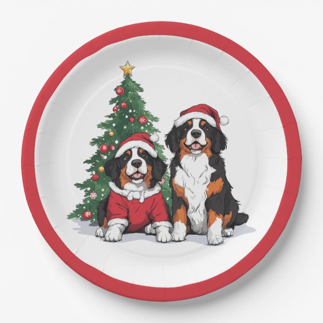 Christmas Bernese Mountain Dogs Paper Plate (Front)