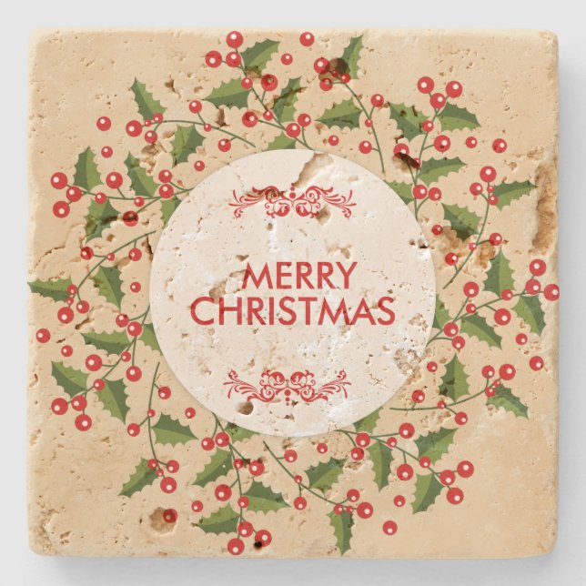 Christmas Berries And Evergreen Wreath Stone Coaster (Front)