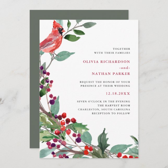Christmas Berries and Red Bird | Holiday Wedding Invitation (Front/Back)