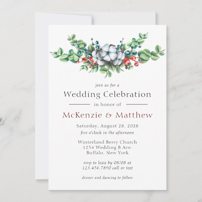 Christmas Berries Cotton Laurel Wreath Wedding  Invitation (Front)