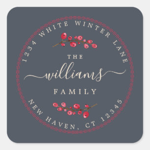 Christmas Berries Dark Blue Family Return Address Square Sticker