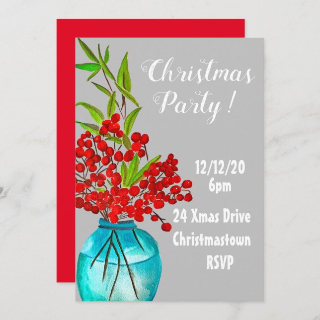 Christmas Berries elegant Christmas party Invitation (Front/Back)