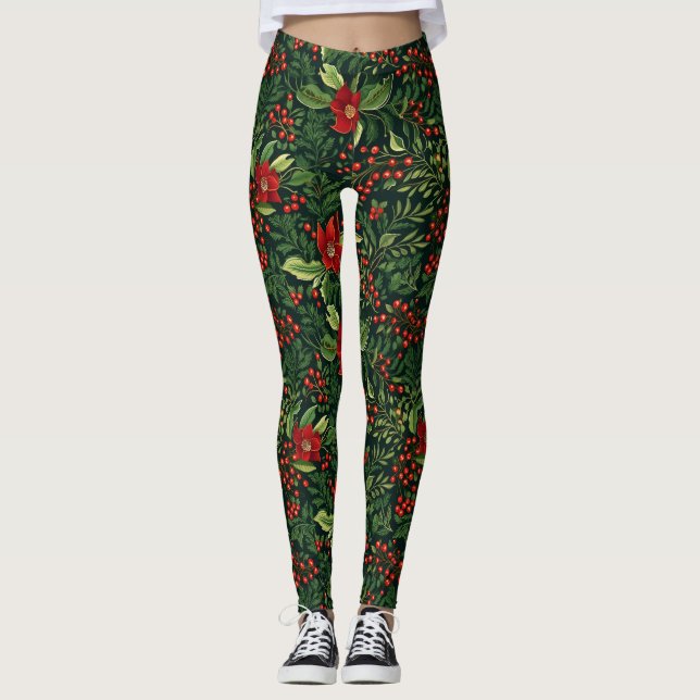 Christmas Berries Flowers Leggings (Front)