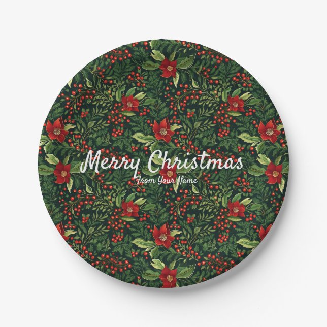Christmas Berries Flowers Paper Plate (Front)